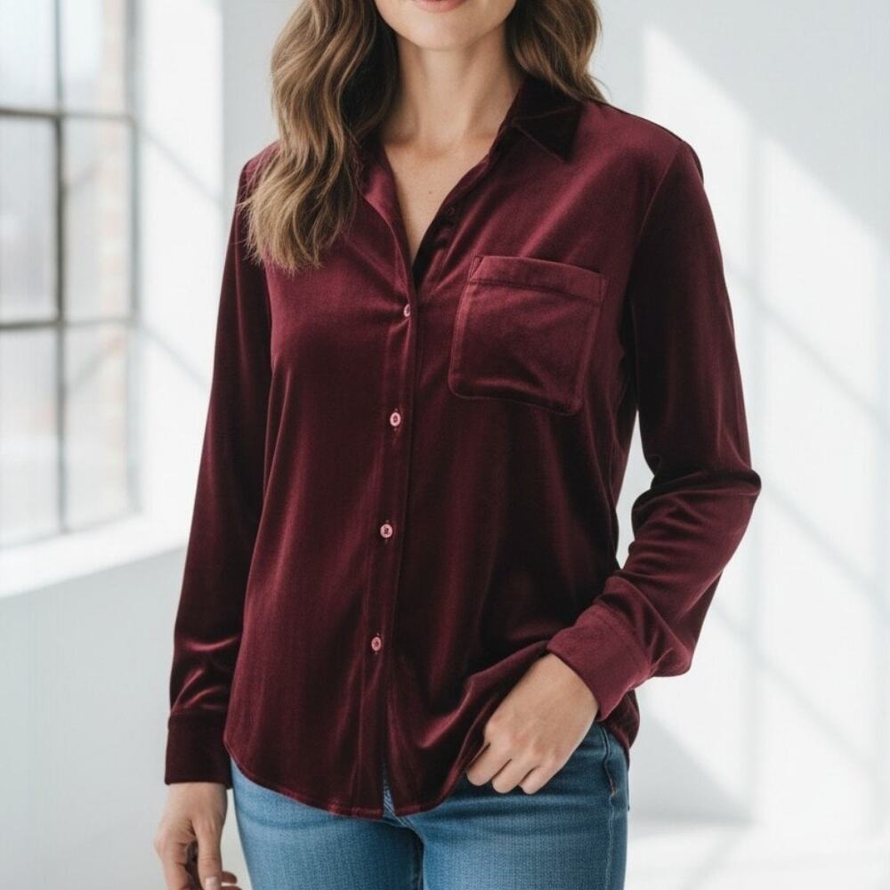Adriano Goldschmied Red Velvet Long Sleeve Button Front Top Women's Size Small